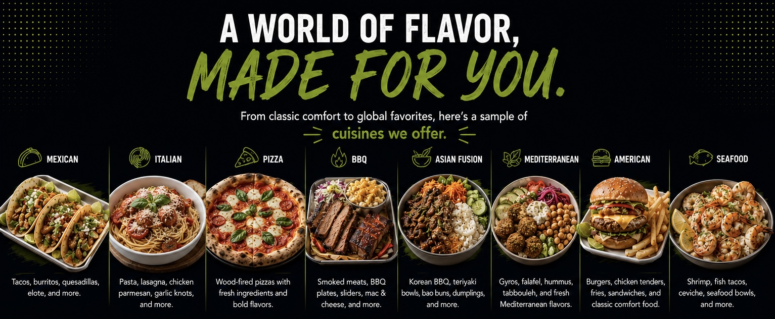 Cuisine options including tacos, pasta, pizza, BBQ, bowls, burgers and seafood